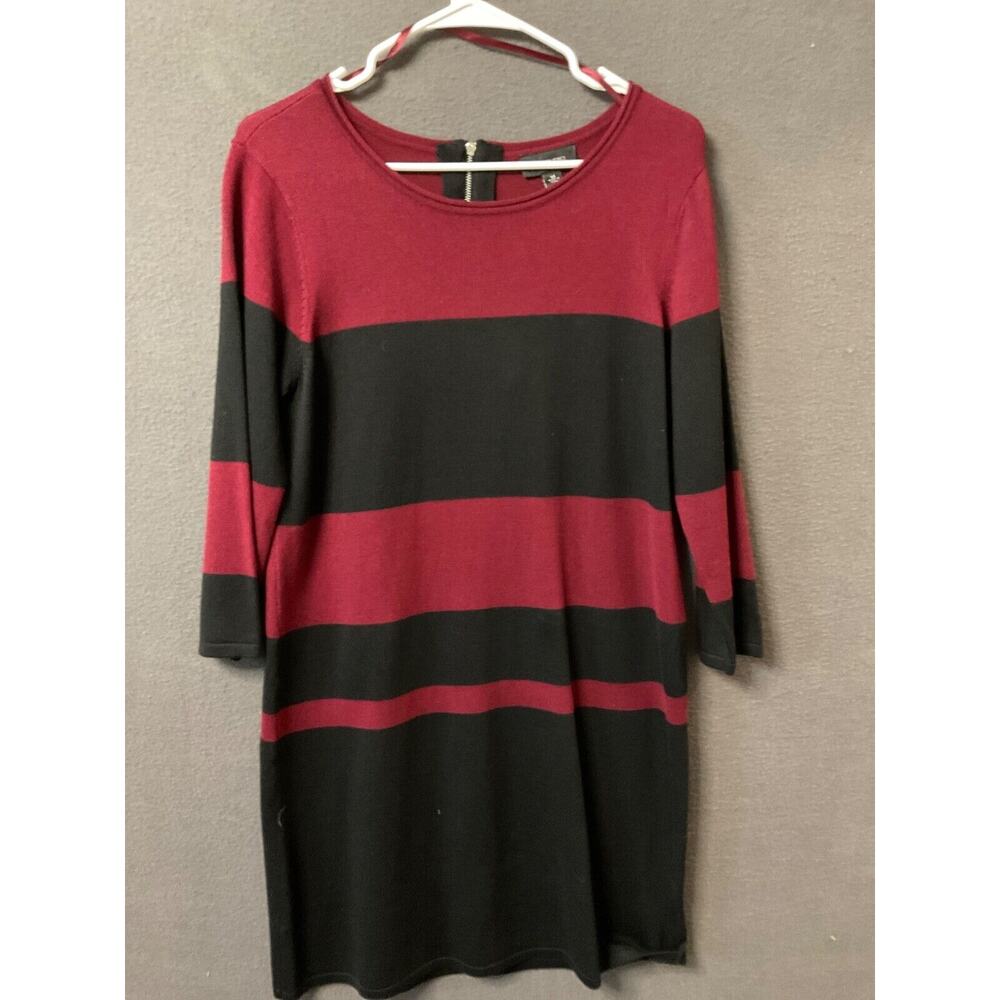 AB Studio Burgundy‎ & Black Striped Knit Dress Medium Rayon Blend Back Zip